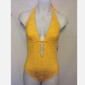Kate Spade New York Embroidered Halter Plunge One Piece Swimsuit S58146 Saffron